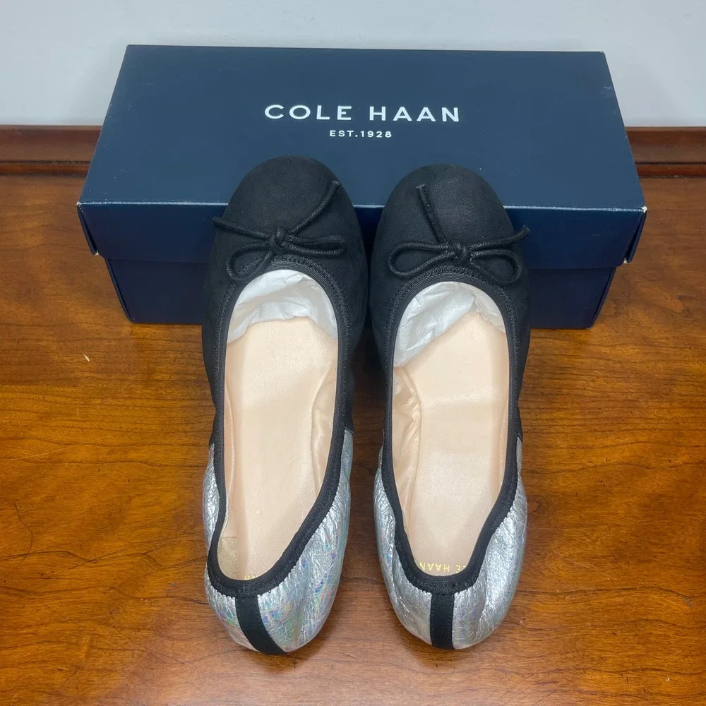Cole‎ Haan Manhattan Demi Ballet Flats Black Silver Metallic Casuals Womens 5.5B